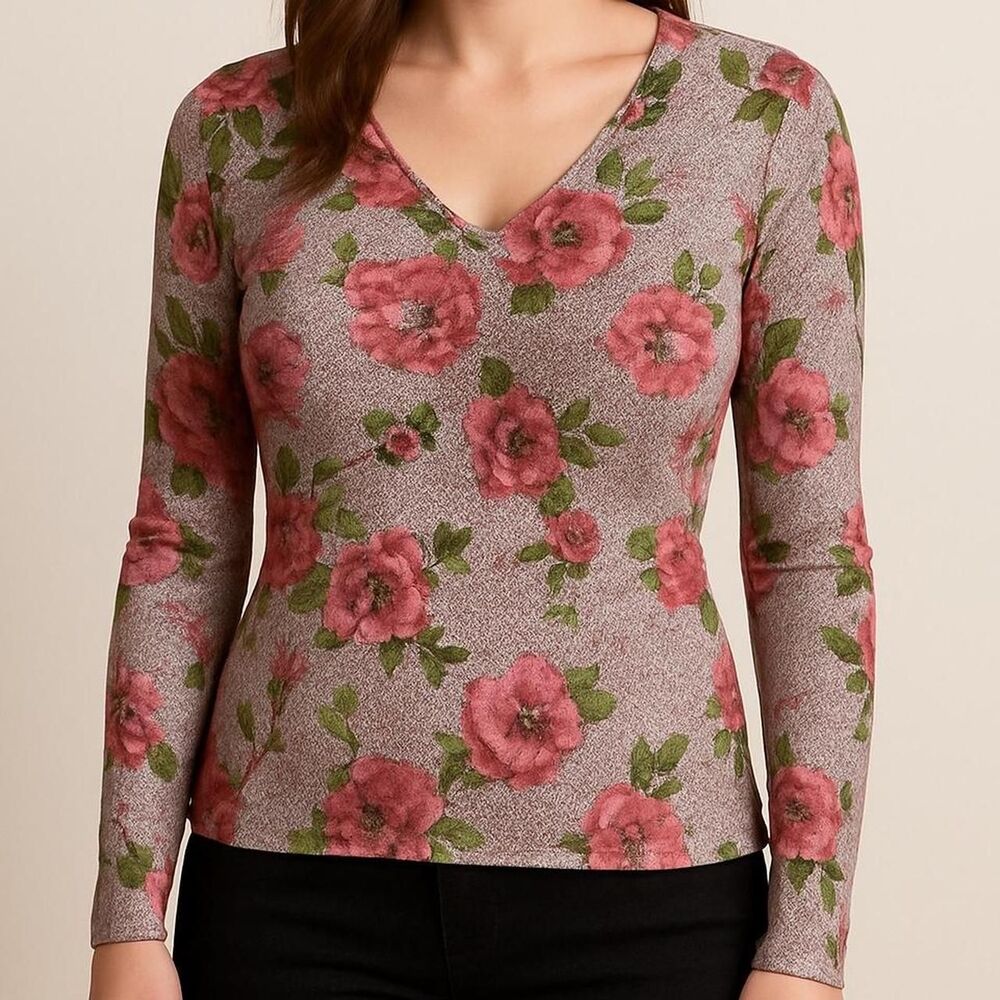 Vintage Y2K 2090s 1990s Floral V-neck long sleeve top in pink